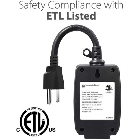 Outdoor 15A 24-Hour Mechanical Light Timer, 3-Prong ETL Listed Water Resistance - Picture 5 of 8